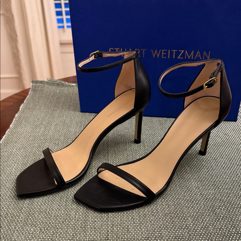 Stuart Weitzman Amelina 75 Black Ankle-Strap Stiletto Heels